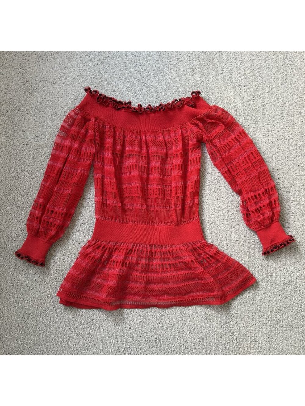 Alexander McQueen Vintage 90s Red Off The Shoulder Sheer Lace Romantic Small
